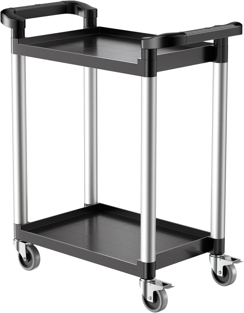 VEVOR Utility Cart, 300 lbs Load Capacity, 2-Tier Utility Plastic Cart with 360 Swivel Wheels (2 with Brakes), 24.4 x 16.1-inch Food Service Cart for Warehouse, Office, Home, Restaurant, Kitchen