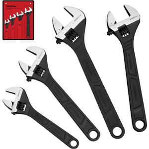 Adjustable Wrench Set Wrenches Sets: 4-Piece 6, 8, 10, 12 Inch Chrome Vanadium Steel Corrosion-Resistant Black Oxide Finish for Automotive Plumbing and Household Repairs