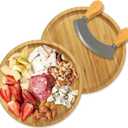 Round Bamboo Serving Tray with Handled Mezzaluna Knife Fruit, Bread, Salad Plate, Round Wood Charcuterie Board Coffee Table, Suitable for Storage and Display (Bamboo, 8x8 inch)