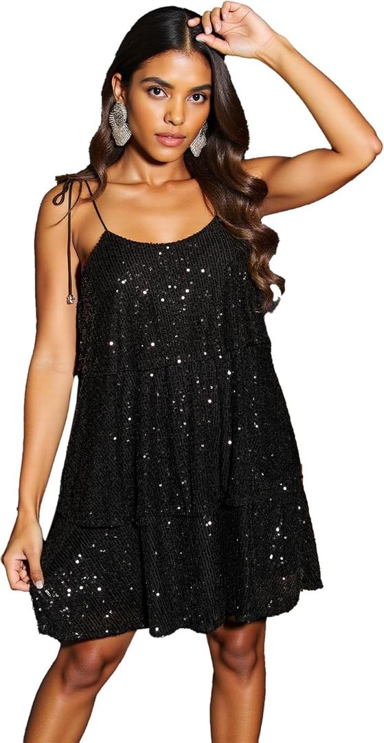 Womens Sequin U Neck Spaghetti Strap Tie Homecoming Dresses Layered Sparkly A-line Backless Sleeveless Dresses (X-Large)