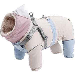 Dog Snowsuit with Built-in Harness, 4-Leg Full Body Winter Coat, Fleece Lined Puffer Jumpsuit with Back Zipper & Reflective Trim for Small Medium Large Dogs (Pink, Small)