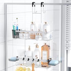 Over the Door Hanging Shower Caddy: Rustproof Hanging Organizer over the Door - No Drilling Bathroom Rack for Inside Shower Chrome