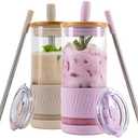 Pandaloo® Glass Cups With Lids and Straws -20 Fl Oz- Perfect Size Iced Coffee Cup - Smoothie Cup With Bamboo Lid and On the go Lid - Glass Tumbler (2 Count (Pack of 1), Lilac-Creamy Mushroom)