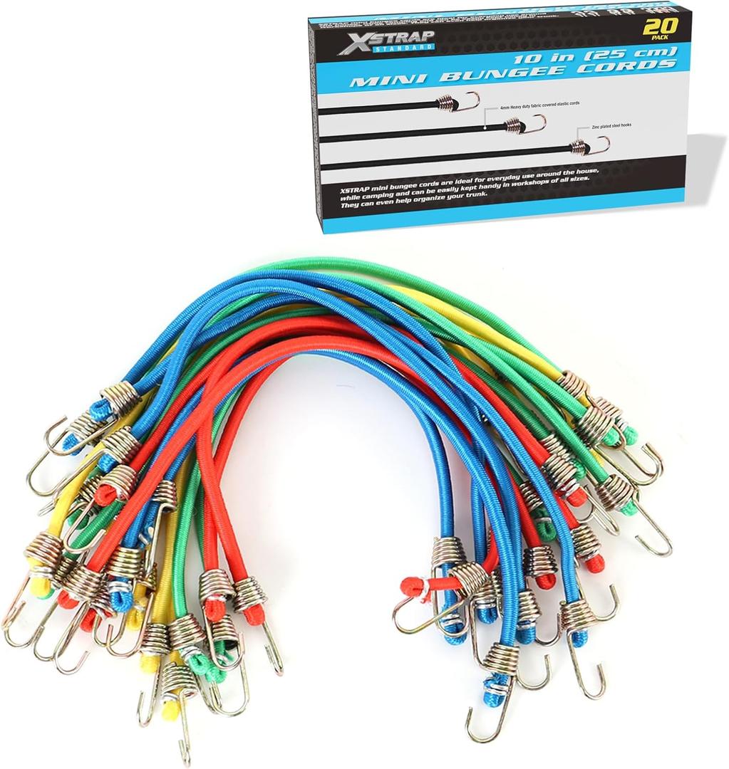 XSTRAP STANDARD 20 Pack Mini Bungee Cords, 10 Inch Rubber Stretchy Bungee Cords with Hooks for Bikes, Camping, Tools, Tarps and Cargo, Hang Christmas Ornaments (Multicolor)