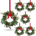 6 PCS 9" Small Christmas Norfolk Wreaths Mini Cabinet Wreaths for Kitchen with Red Berry Pinecone Cedar Bows Snowy Pine Wreath for Xmas Front Door Window Fireplace Home Table Pillar Stairs Decor