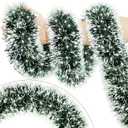 33FT Green Tinsel Christmas Garland Metallic Twist Shiny Garland for Christmas Tree Decorations, Xmas Holiday Hanging Garland for Home Indoor Outdoor Party Supplies Decor (Green, White)