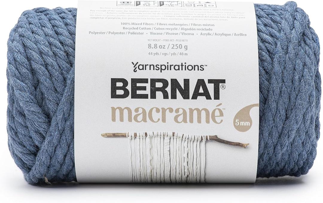 Bernat Macrame Denim Yarn - 1 Pack of 8.8oz/250g - Blended Fiber - #6 Super Bulky - 44 Yards - Knitting, Crocheting & Crafts