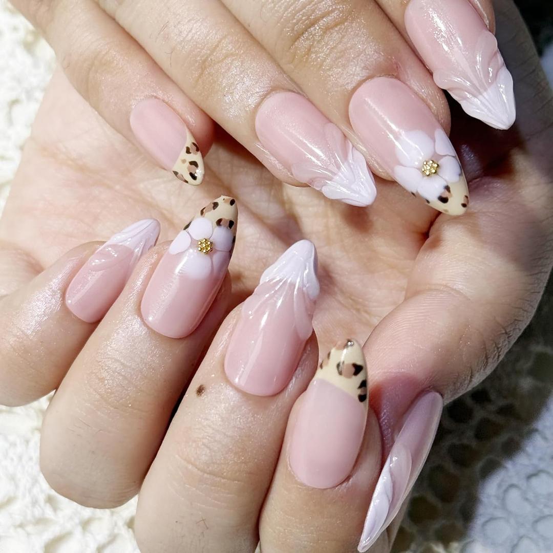 2 x Press on Nails Medium Almond French Tip Fake Nails Flower Leopard Print Designs False Nails Full Cover Glossy False Nails for Women Manicure Nail Art Decoration-size S