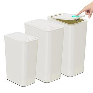 N. NETDOT Bathroom TrashCan with Lid 3 Pack Set,2 Packs 4Gal Slim Kitchen TrashCan and 1 Pack 2.6Gal Garbage Can,Small TrashBin/Waste Basket for Bedroom,Office(Off White)