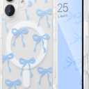 UEEBAI Magnetic for iPhone 16 Case, Bow Case Compatible with MagSafe, Wireless Slim Clear Ribbon Aesthetic Phone Cover Anti-Yellowing Shockproof Protective Cover for Women Girl - Baby Blue