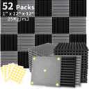 Focusound 52 Pack Black GreyAcoustic Foam Panels 1" x 12" x 12" Sound Proof Foam Panles Soundproofing Noise Cancelling Wedge Panels for Home Office Recoding Studio with 300PCS Double-Side Adhesive