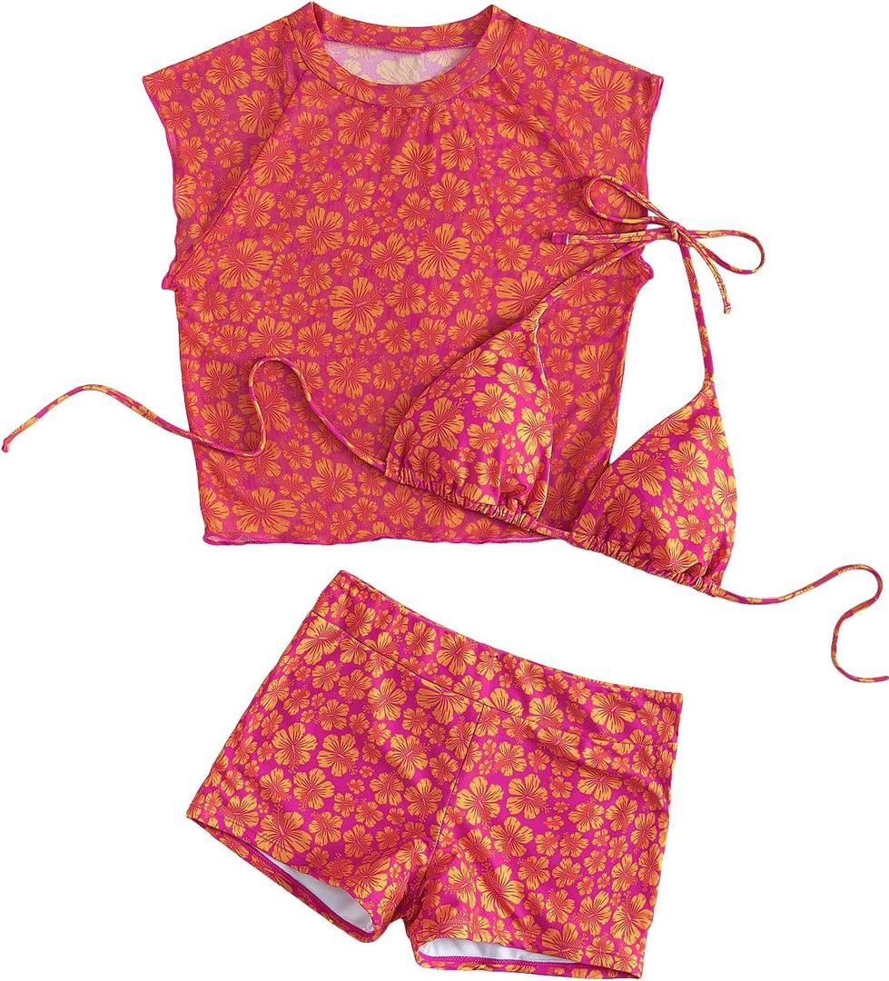 SOLY HUX Women's Floral Print Halter Top and Shorts Bikini Bathing Suits 3 Piece Swimsuit with Cover Up Top (Medium)