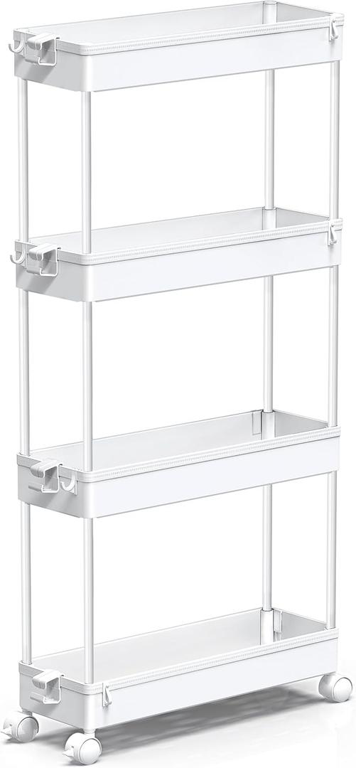 SPACEKEEPER Slim Rolling Storage Cart 4 Tier Bathroom Organizer Mobile Shelving Unit Utility Cart Tower Rack for Kitchen Laundry Narrow Places, White (White)