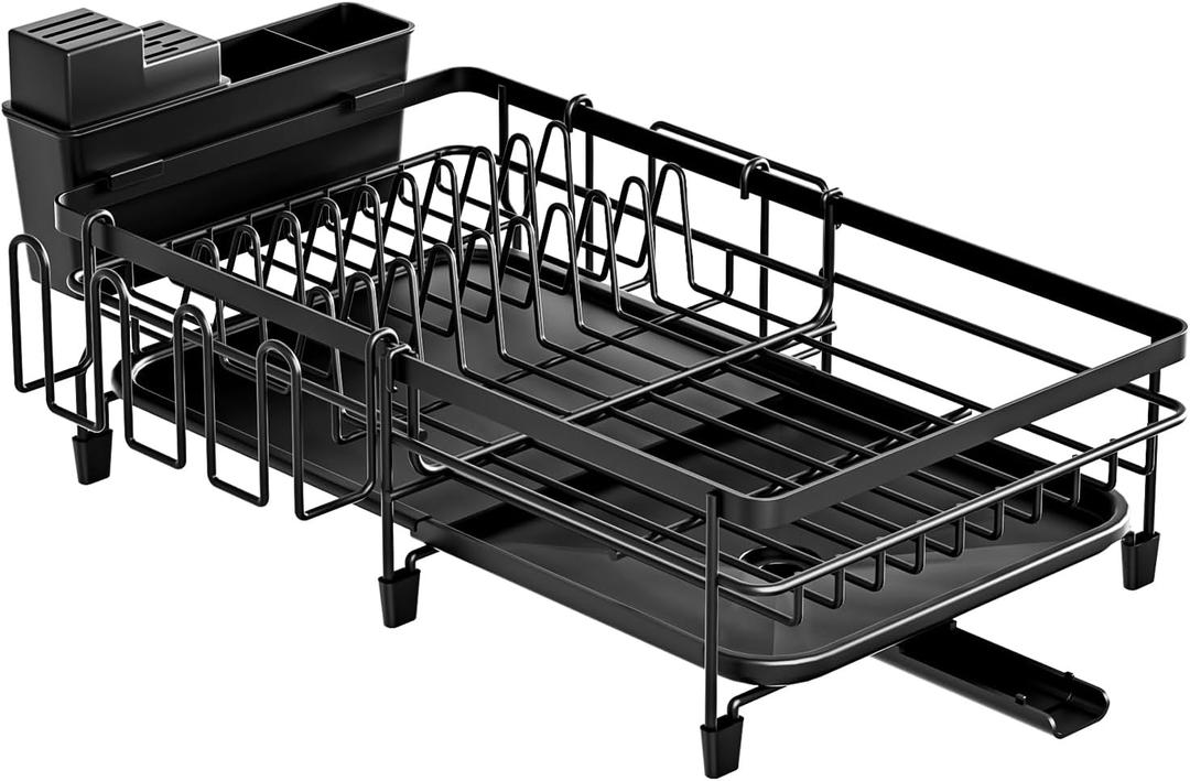 Extendable Dish Rack - a Rust-Resistant Dish Rack Suitable for Kitchen Countertops, Featuring Adjustable Support Legs, a Cutlery Rack, and a Removable Drain Tray