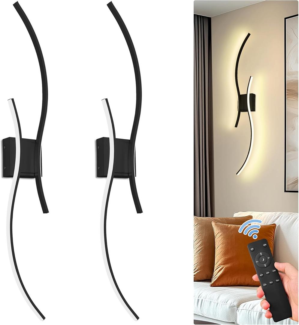 DORESshop Battery Operated Wall Sconces Set of 2, Modern Wireless Rechargeable Wall Lights with Stepless Dimming,3000k-6000K, Sconce Wall Decor for Living Room, Hallway, Bedroom, Black 39in