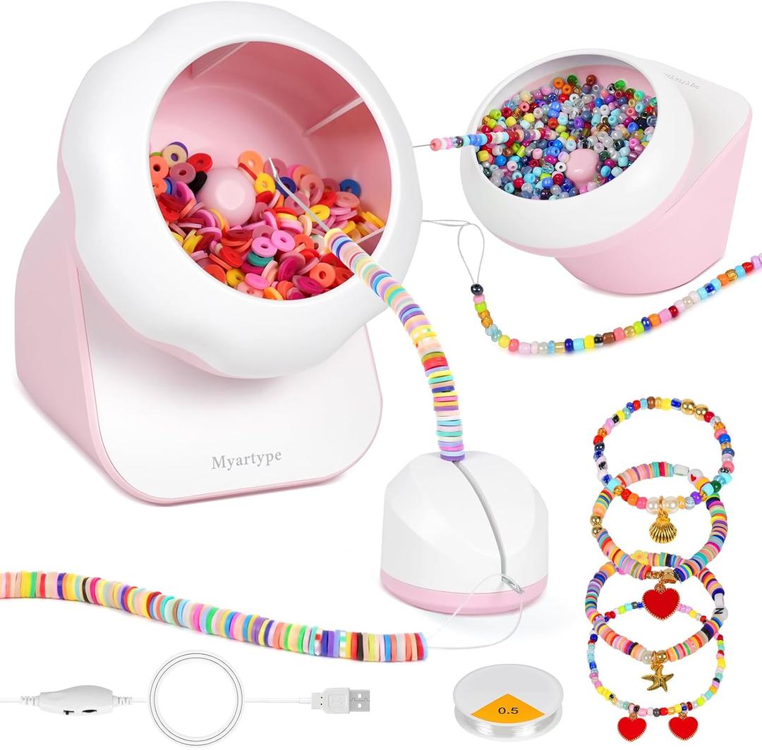 Clay Bead Spinner and Seed Bead Spinner, 2-in-1 Electric Bead Spinner for Jewelry Making, Bracelet Spinner and Necklace Making Machine with Bead Needles and Thread (Pink), (Beads Not Included) (Pink)