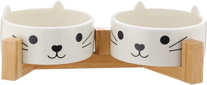 3 Pcs Ceramic Cat Food and Water Bowl with Wooden Stand Set Cute Modern Pet Feeding Bowls for Indoor Cats Dog Feeder Small Pet Dish (Beige,13.5 oz)