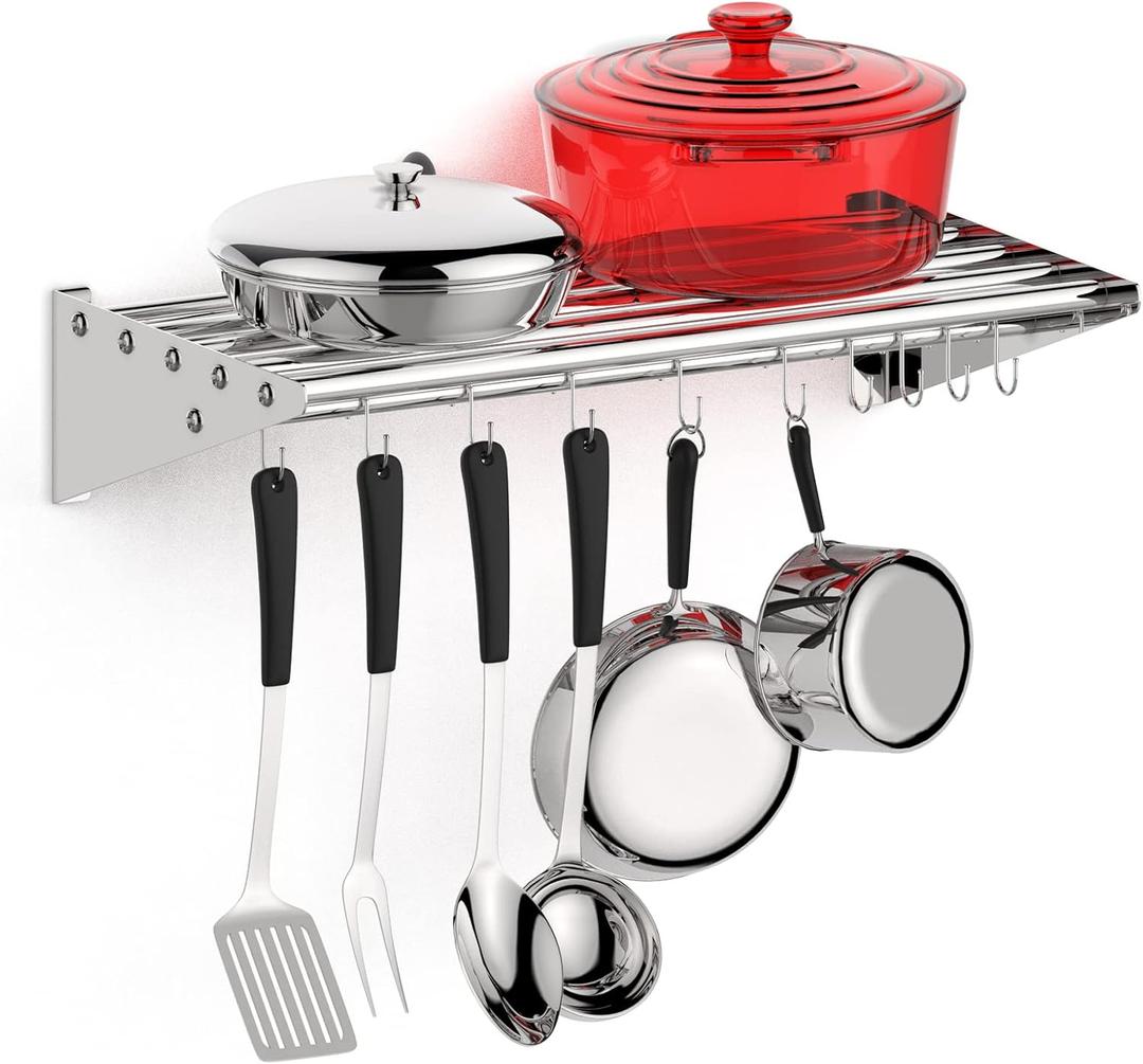KYBOLT Stainless Steel Hanging Rack for Kitchen Storage and Organization, [NSF Certified] 12" W*24" L shelf with 10 S Hooks for Hanging Pots, Pans in Home Kitchen, Restaurant & Hotel