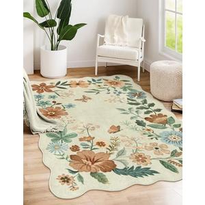 Lahome Floral Machine Washable Rug, 3x5 Rug Non Slip Soft Bedroom Rugs for Entryway Dorm, Ultra-Thin Boho Rugs for Living Room Stain Resistan Throw Carpet for Nursery Entrance Flore, Beige