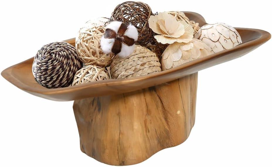 Decorative Bowl for Tabletop Decor, Live Edge Serving Tray with Base, Home Centerpiece Decor, Teak Wood