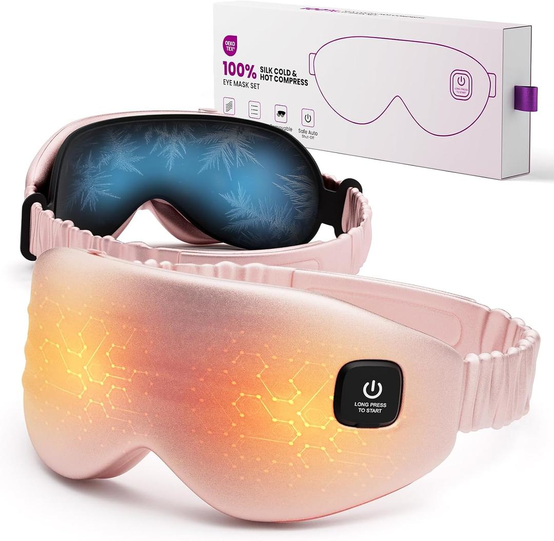100% Silk Wireless Heated Eye Mask with Cooling - 3 Heat Settings, for Dry Eyes, Puffiness & Dark Circles - Adjustable, Washable, Travel-Friendly (Pink)