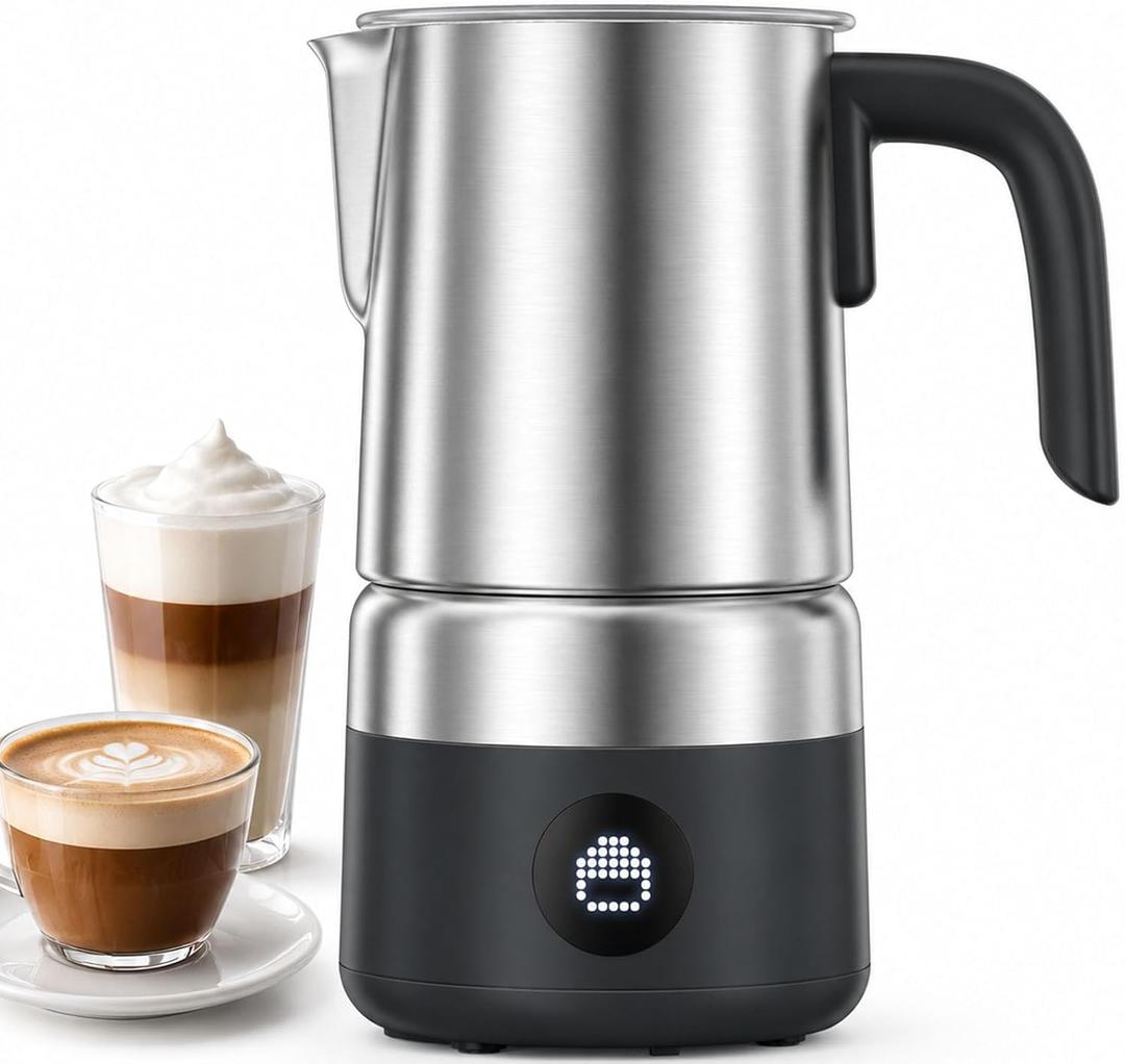 Milk Frother and Steamer [Upgraded], AMZCHEF 600W Detachable Electric Milk Frother, Automatic Hot & Cold Foam Maker, Easy Clean, Stainless Steel Jug, LED Display for Home Coffee
