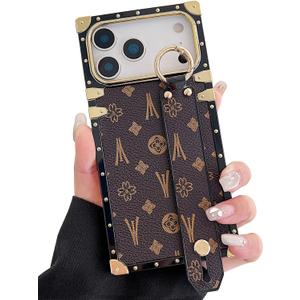 Compatible with iPhone 17 Pro Max Case Luxury Designer for Women Girls,Rectangle Leather with Wristband Strap Kickstand Holder Protective Cover for 17 Pro Max - 6.9 inch(Brown)