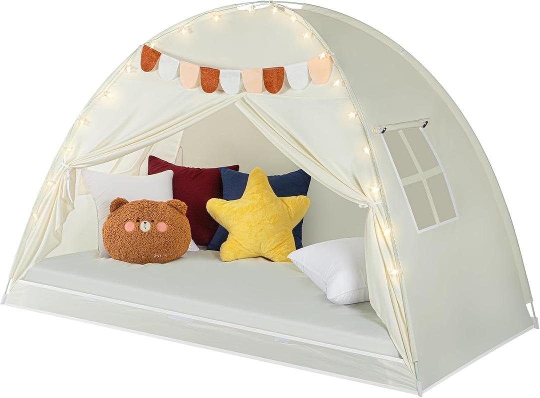 Twin Bed Tent for Kids - Twin Bed Canopy for Girls, Portable Privacy Tent for Toddler Travel Bed Sleeping Tents Indoor Cottage Drafty Room Floor Bed Tents with Stars Lights & Flags, Beige