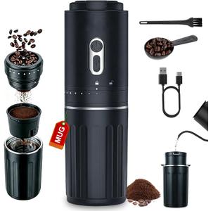 Portable Coffee Maker, Travel Coffee Maker, Portable Battery Pour Over Set, Rechargeable Coffee Maker with Electric Grinder & Insulated Mug for Travel, Camping, Car (BLACK)