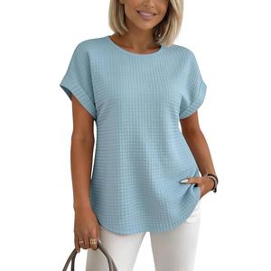 HVT Spring Blouses for Women 2026 Waffle Trendy Blouses Crewneck Short Sleeve Knit Tops Casual Daily Blouses Tee (Light Blue, XL)
