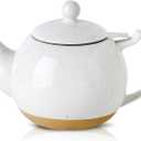 HVH 34 oz Porcelain Teapot with Stainless Steel Infuser, Ceramic Tea pot with Infuser for Loose Tea, Enough For 6 Cups, High Tea Series, Farmhouse Style (White)