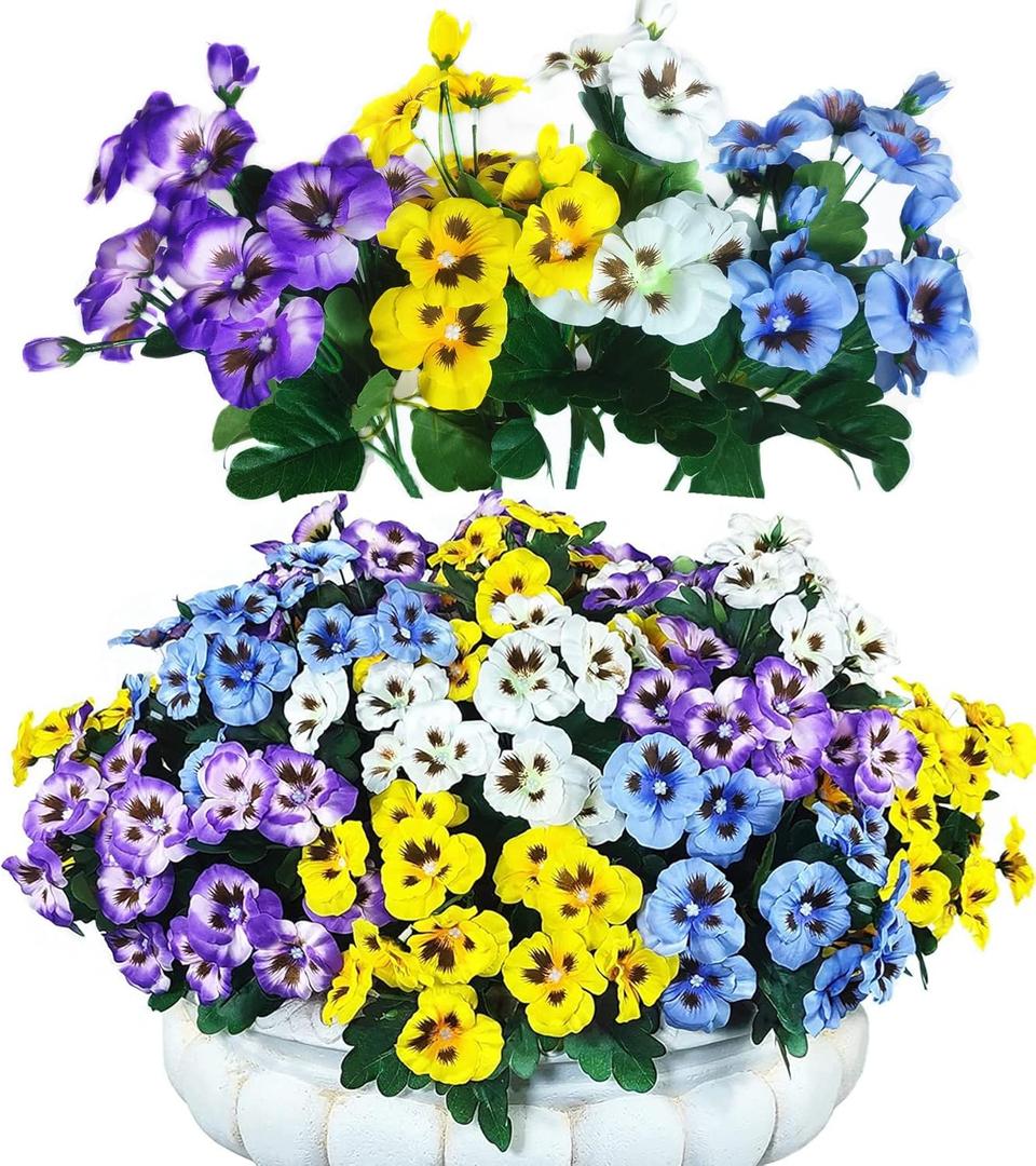 QIANYUN 12 Bundles Artificial Flowers Outdoor UV Resistant Artificial Pansies Faux Plastic Flower in Bulk Fake Outdoor Plants (12, White/Purple/Blue/Yellow)