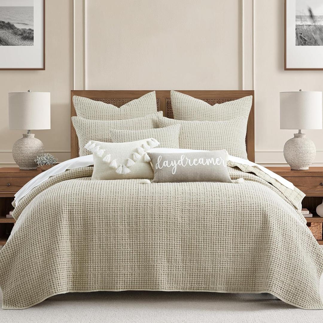 Levtex Home Mills Waffle King/Cal King Quilt Set (106x92in) with 2 Pillow Shams (36x20in) - Wheat - Cotton Waffle King Size Quilt Bedding Set - Lightweight, Soft, Pre-Washed,King Quilt, Wheat 