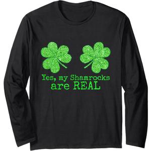 Shamrock Boobs St Patricks Day LS Shirt Long Sleeve T-Shirt (Large, Black)