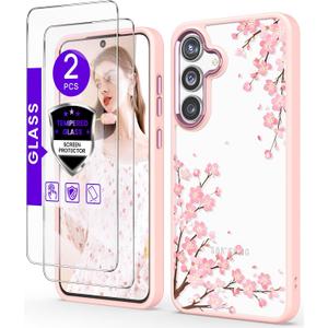 for Samsung Galaxy S25 FE 5G Case+Tempered Glass Screen Protector,Military Grade Protective Slim Soft TPU Hard PC,Girls Women Crystal Clear Flower Pattern Case Cover for Galaxy S25 FE-Pink