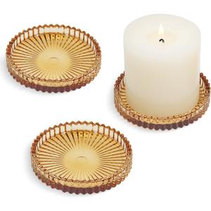 Glass Pillar Candle Holder, 4" Amber Candle Plates Set of 3, Glass Candle Holders for Wedding, Party, Holiday, Home Decor, Table Centerpiece