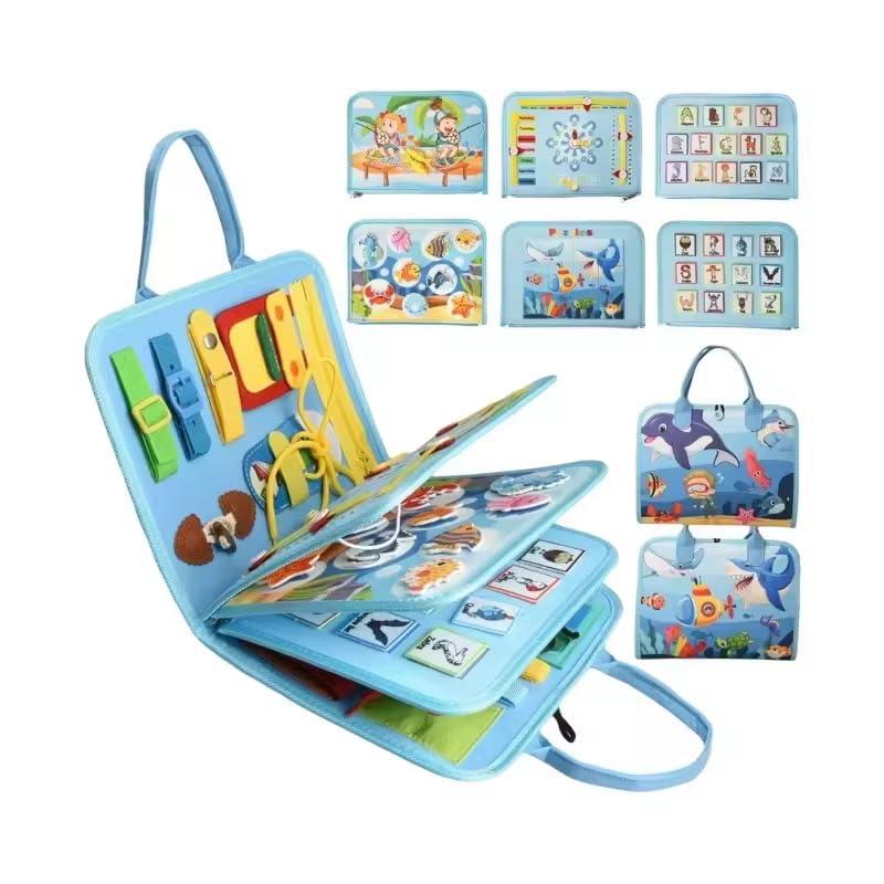 Montessori Busy Board for Toddlers  8-in-1 Marine Animal Activity Book with 26 Montessori Skills, Travel Toy for Airplane & Car  Educational Gift for Kids
