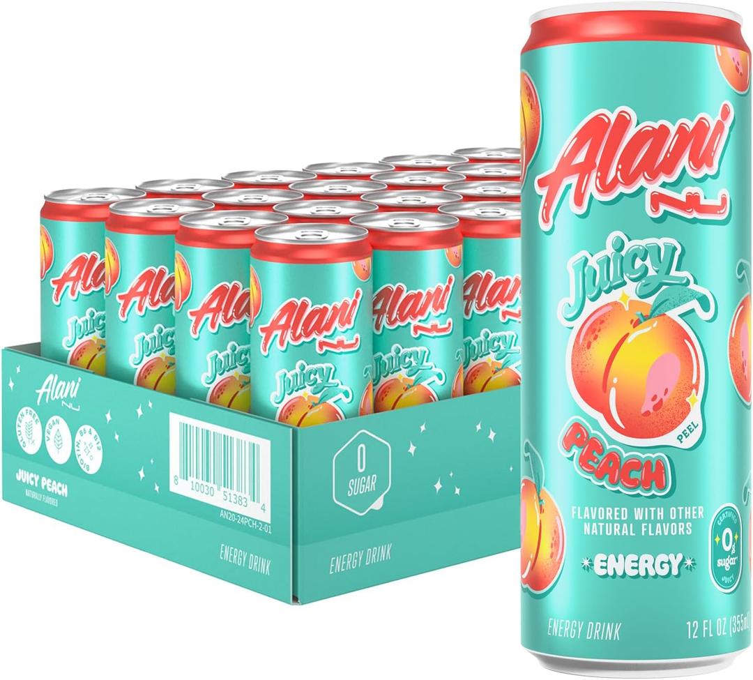 Alani Nu JUICY PEACH, Sugar Free, Low Calorie Energy Drinks, 200mg Caffeine, Biotin, B Vitamins, Zero Sugar, 10 Calories, 12 Fl Oz Cans, 24 Pack (EXP 08/31/27)