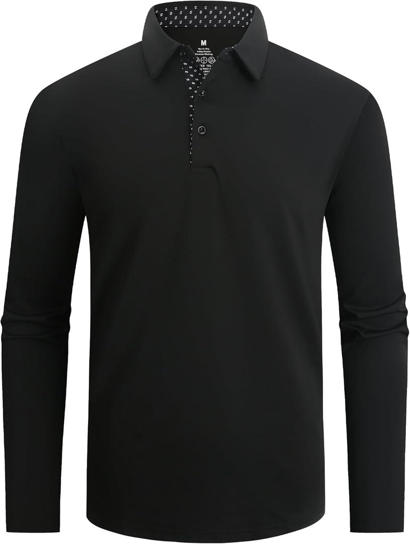 Alex Vando Mens Golf Shirt Moisture Wicking Quick-Dry Solid Long Sleeve Polo Shirts for Men (Black 09), XL