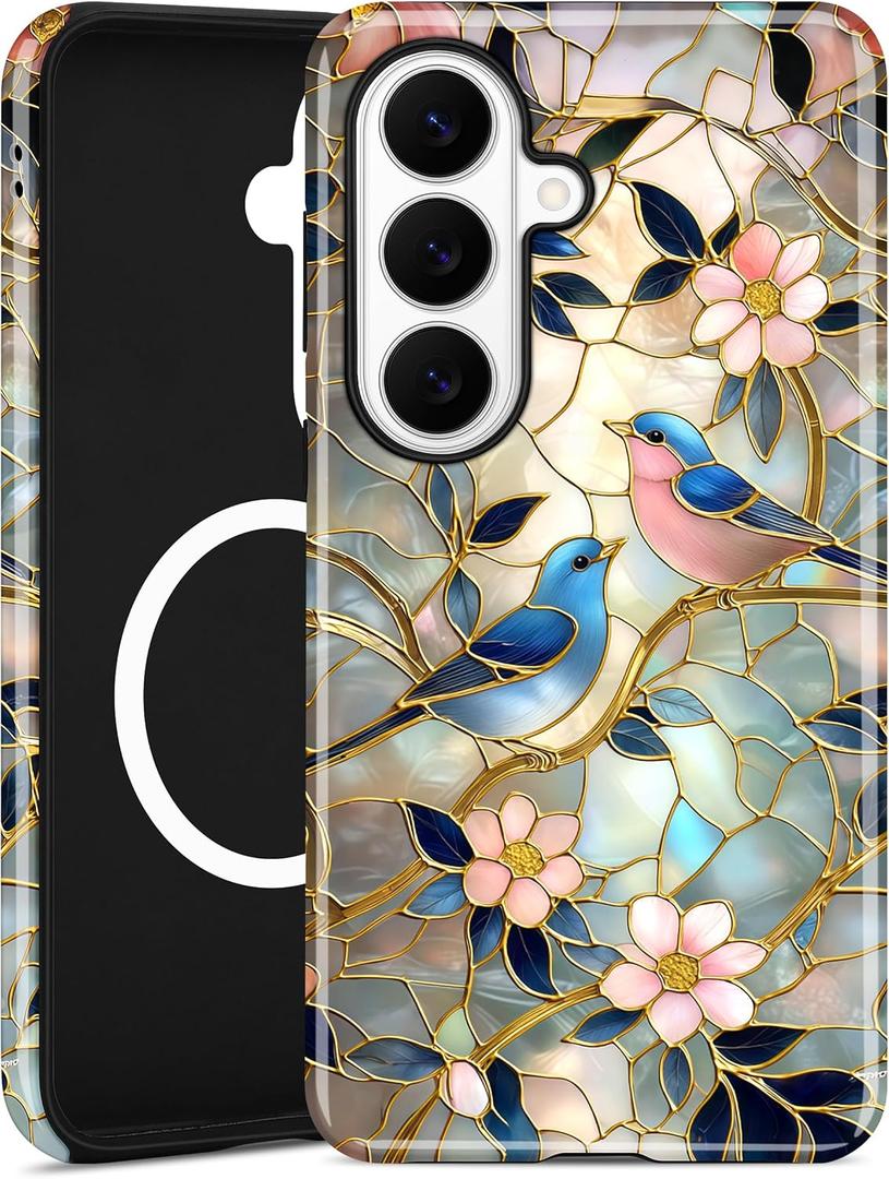 Compatible with MagSafe Case for Samsung Galaxy S21 Plus, Cute Aesthetic Stained Glass Flower Bird Magnetic Design Phone Case, Soft TPU and Hard PC Protective Phone Cover for Women Girls