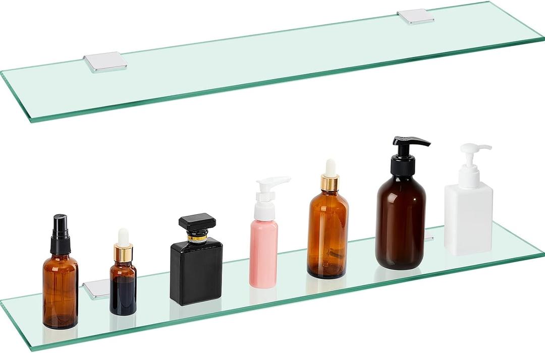 Tatuo 2 Pieces 23.6 Inch Bathroom Shelf Tempered Glass Shelf for Bathroom, 304 Stainless Steel Wall Mount Floating Glass Shelves