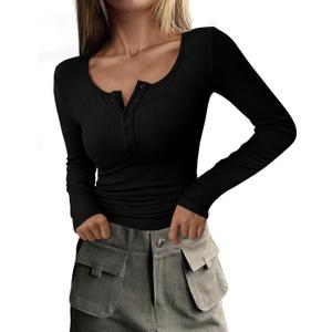 PRETTYGARDEN Women's 2026 Fall Long Sleeve Henley T Shirts Button Ribbed Knit Slim Fit Basic Tops Blouse Casual Outfits (X-Large, Black)