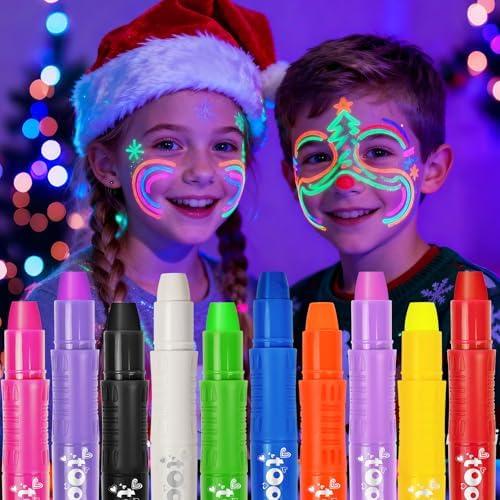 Toodler 10 Glow in the Dark Face Paint Sticks under UV Light, Christmas Gifts Stocking Stuffers for Kids, Washable Neon Body Paint Crayons, Mess-Free Black Light Paint for Glow Party Supplies Makeup : Beauty & Personal Care