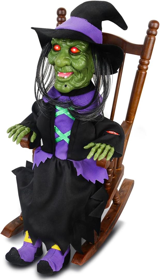 HugOutdoor Animated Halloween Decorations,Rocking Chair Witch Halloween Animatronics,Screaming Sound Glowing Red Eyes,Sound Activated,Scary Halloween Decor Outdoor Indoor (Witch Animatronics)