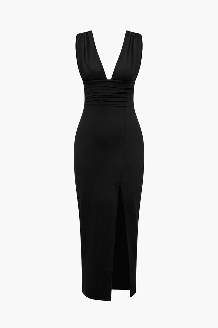 Black Sleeveless V-Neck Ruched Midi Dress, Size M