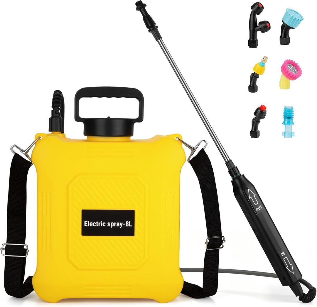 2 Gallon Battery Powered Sprayer, Electric Garden Sprayer with 6 Mist Nozzles, Adjustable Spray Effect, Weed Sprayer with Hand Shank Waterproof, Adjustable Telescopic Rod, for Yard, Lawn and Garden
