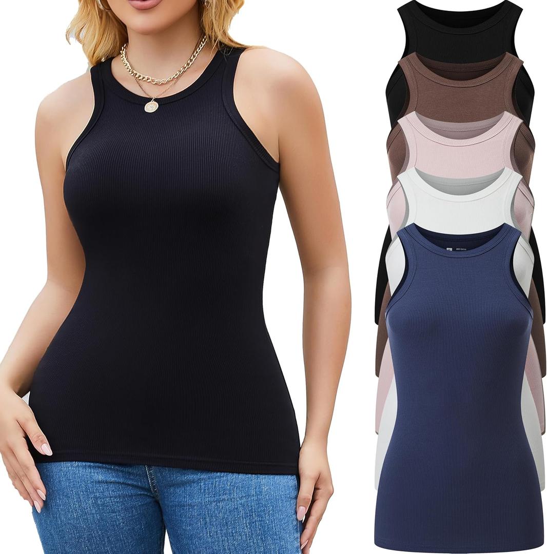5 Pack Womens Tank Tops Crew Neck Sleeveless Racerback Summer Basic Fitted Womens Tops (Small, 5 Packblack/White/Coffee/Blue/Pink)