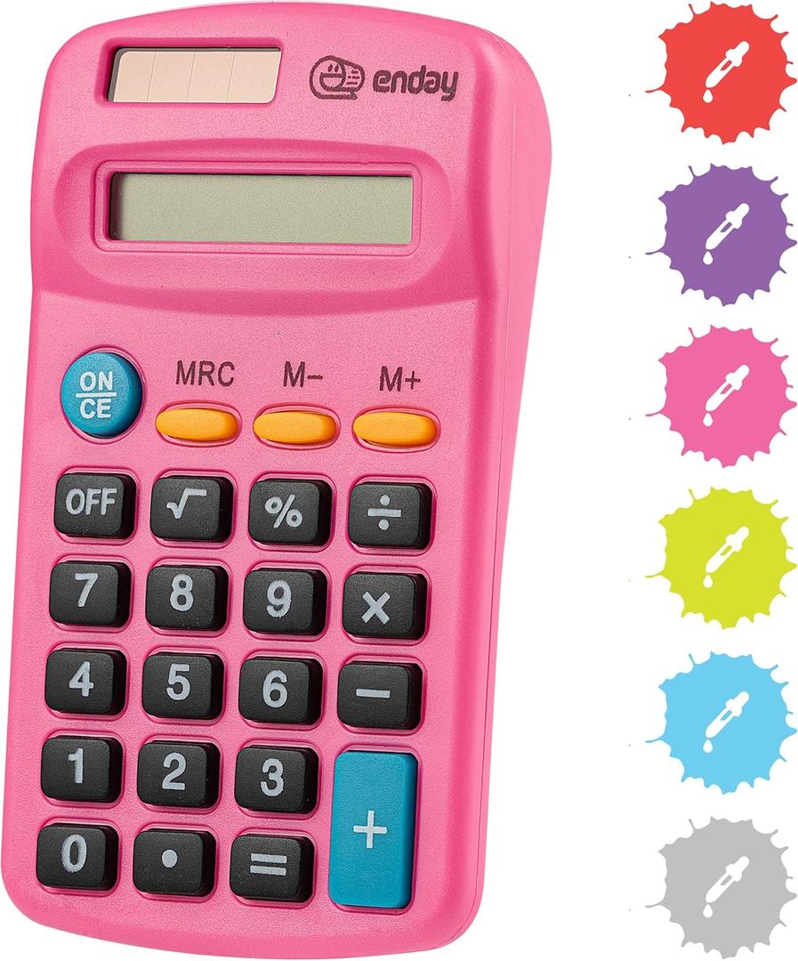 Calculator Pink, Basic Small Solar and Battery Operated, Large Display Four Function, Auto Powered Handheld Calculator School and Kids Comes in Green, Red, Purple, Grey, Blue, 1 PK by Enday