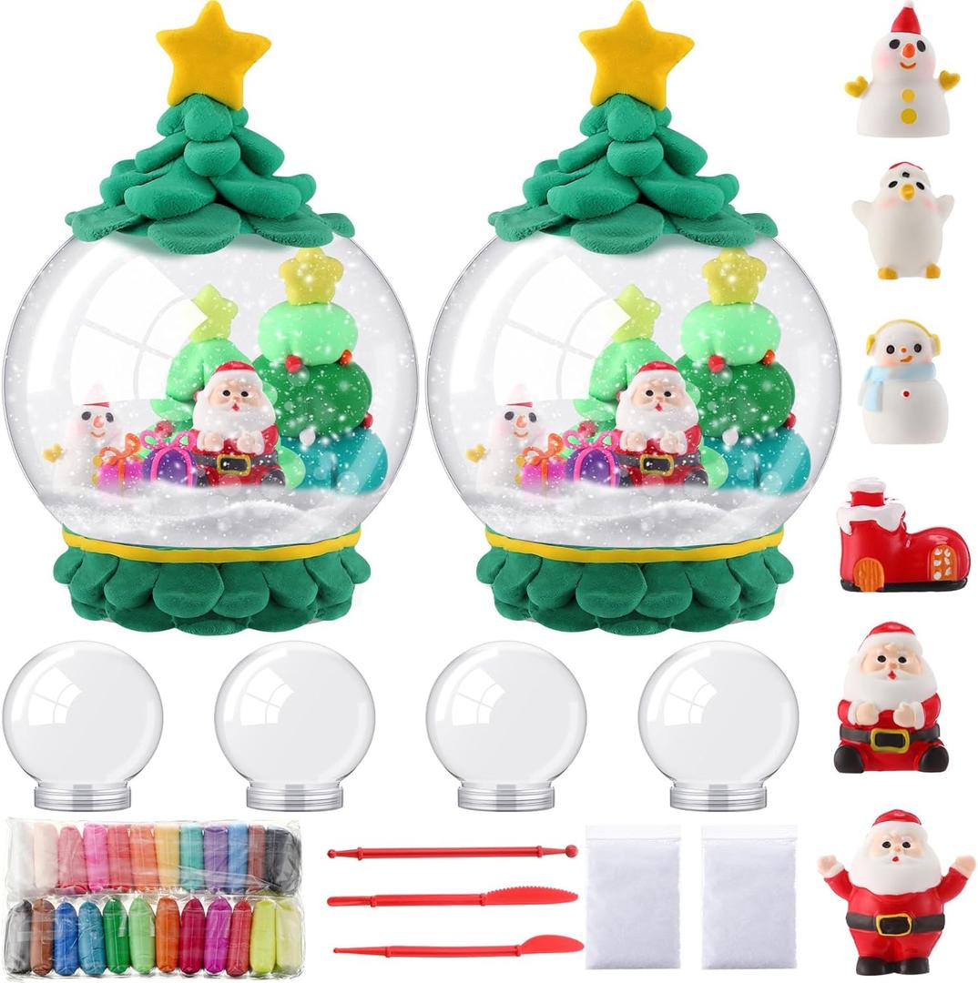 Shappy 4 Set Christmas Globes Mini Ornaments Make Your Own Snow Globes Kit for Kids DIY Holiday Crafts 4 Pcs Round Clear Bottles 1 Pack 24 Color Clay 6 Pcs 2 Pack Artificial Snow Powder for Ages 4-8