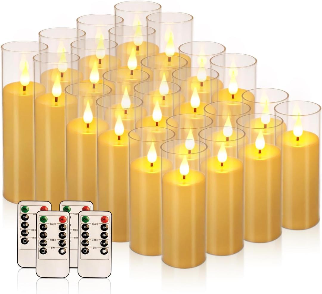 Flickering Flameless Candles Battery Operated with Remote and 2/4/6/8 H Timer Plexiglass Led Pillar Candles with Realistic Moving Wick Candles for Home Decor Pack of 24 (D2.2"xH 5"6"7")(Ivory)